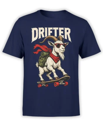 Vintage goat drifter graphic on a navy T-shirt, with sunglasses, red scarf, backpack, and skateboard