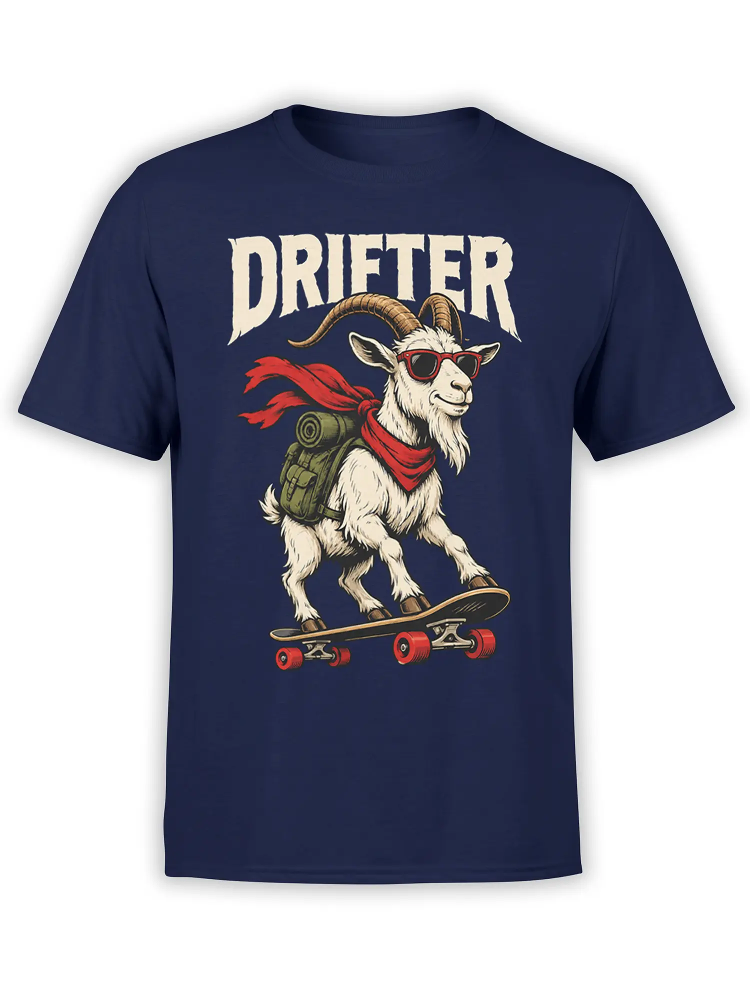 Vintage goat drifter graphic on a navy T-shirt, with sunglasses, red scarf, backpack, and skateboard