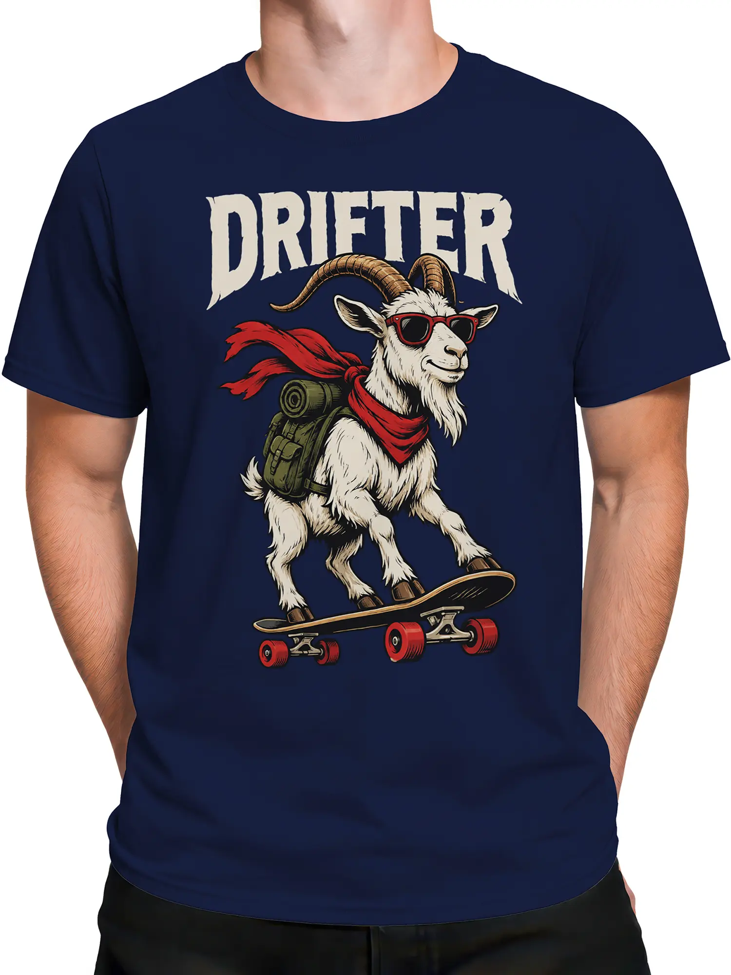 Male torso wearing a navy goat skateboard T-shirt with a vintage adventure graphic