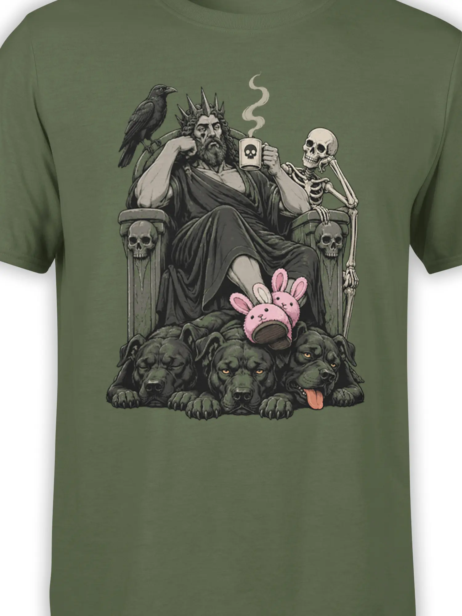 Close-up of green mythology shirt artwork with an underworld king, skull mug, raven, skeleton, hounds, and pink bunny slippers