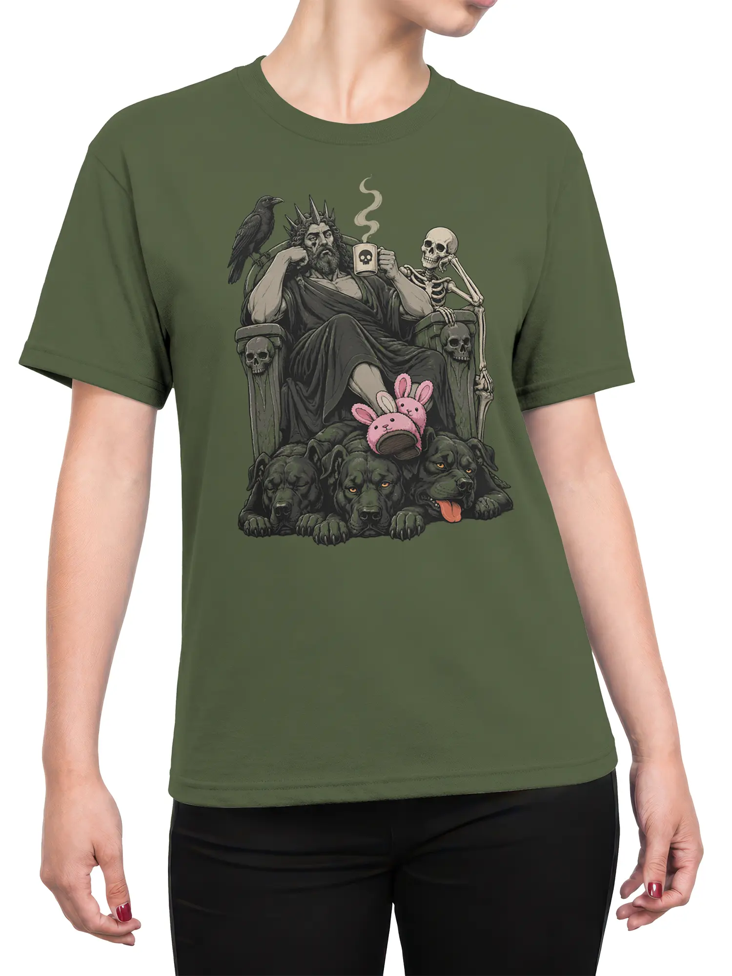 Female torso wearing a green mythology T-shirt with an underworld king, skull throne, raven, hounds, and pink bunny slippers