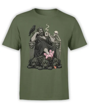 Green mythology T-shirt showing an underworld king on a skull throne with a raven, skeleton, hounds, and bunny slippers
