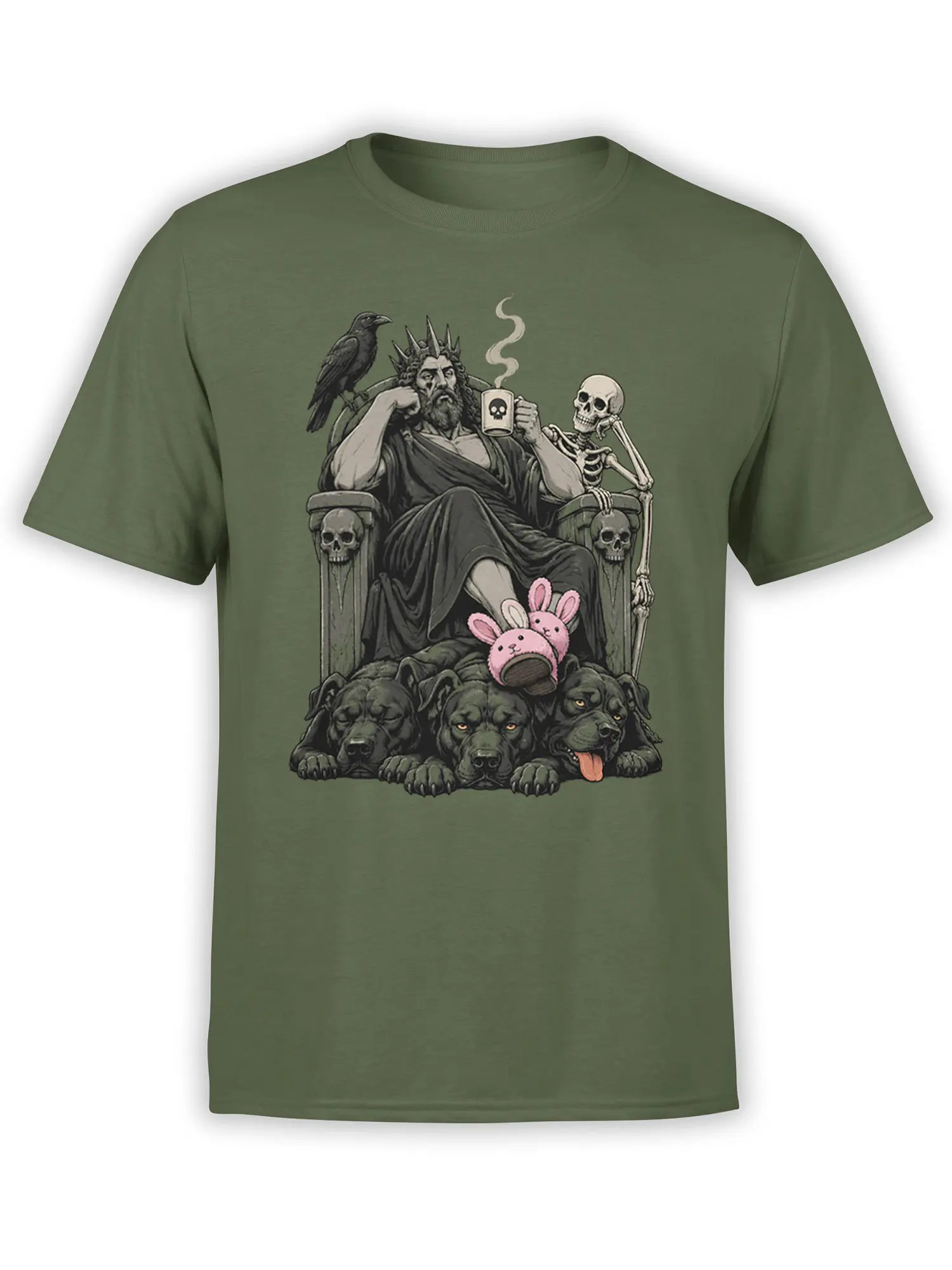 Green mythology T-shirt showing an underworld king on a skull throne with a raven, skeleton, hounds, and bunny slippers