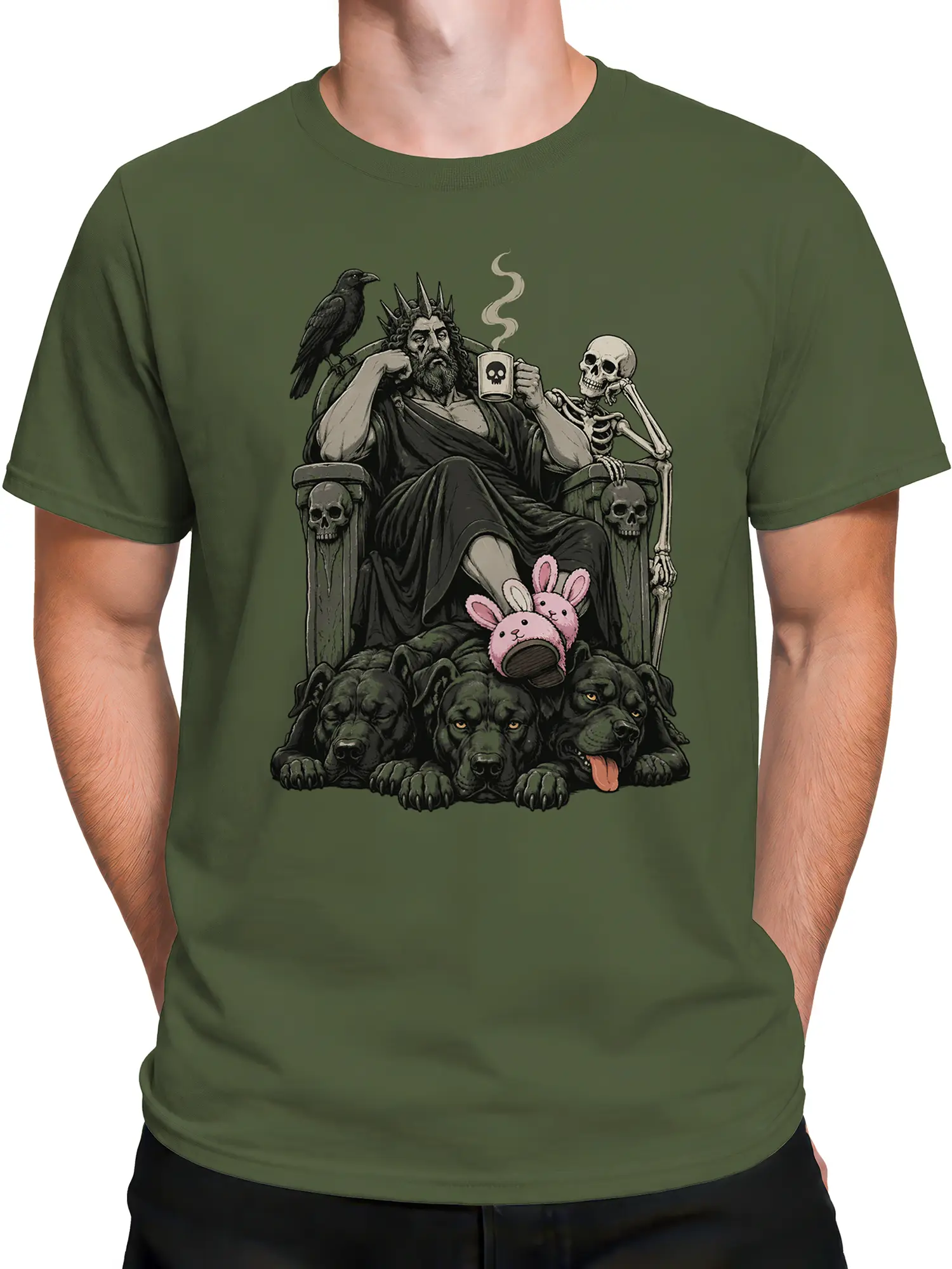 Male torso wearing a green mythology T-shirt with an underworld king, skull throne, raven, hounds, and pink bunny slippers