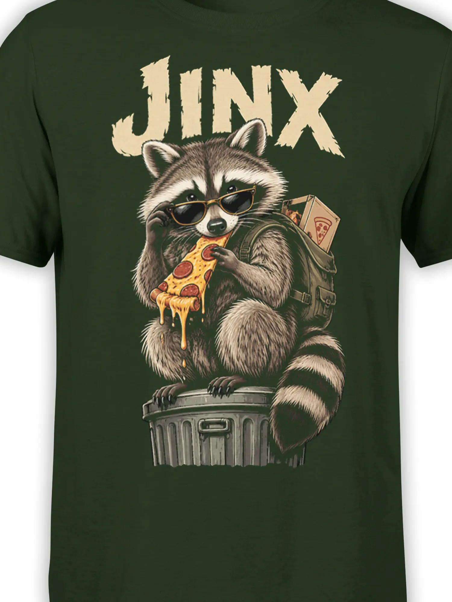 Close-up of the raccoon pizza artwork, sunglasses, bold lettering, and backpack on a dark green T-shirt
