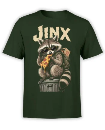 Dark green T-shirt with a sunglasses-wearing raccoon eating dripping pepperoni pizza on a trash can
