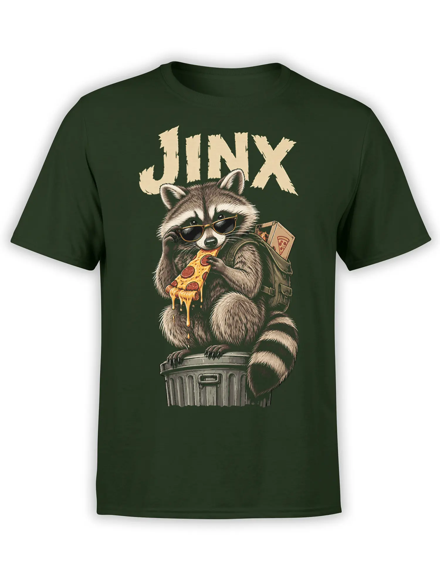 Dark green T-shirt with a sunglasses-wearing raccoon eating dripping pepperoni pizza on a trash can