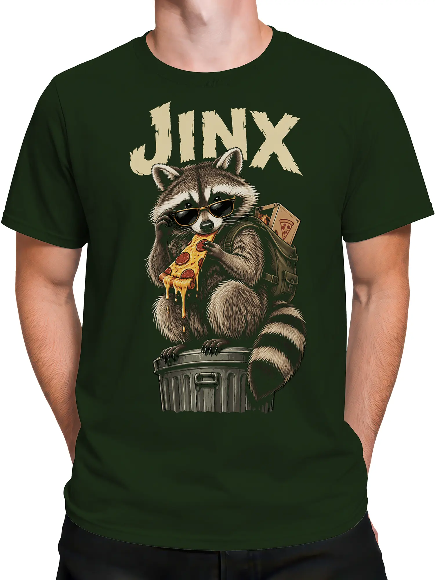 Male torso wearing a dark green T-shirt with a sunglasses-wearing raccoon eating pizza