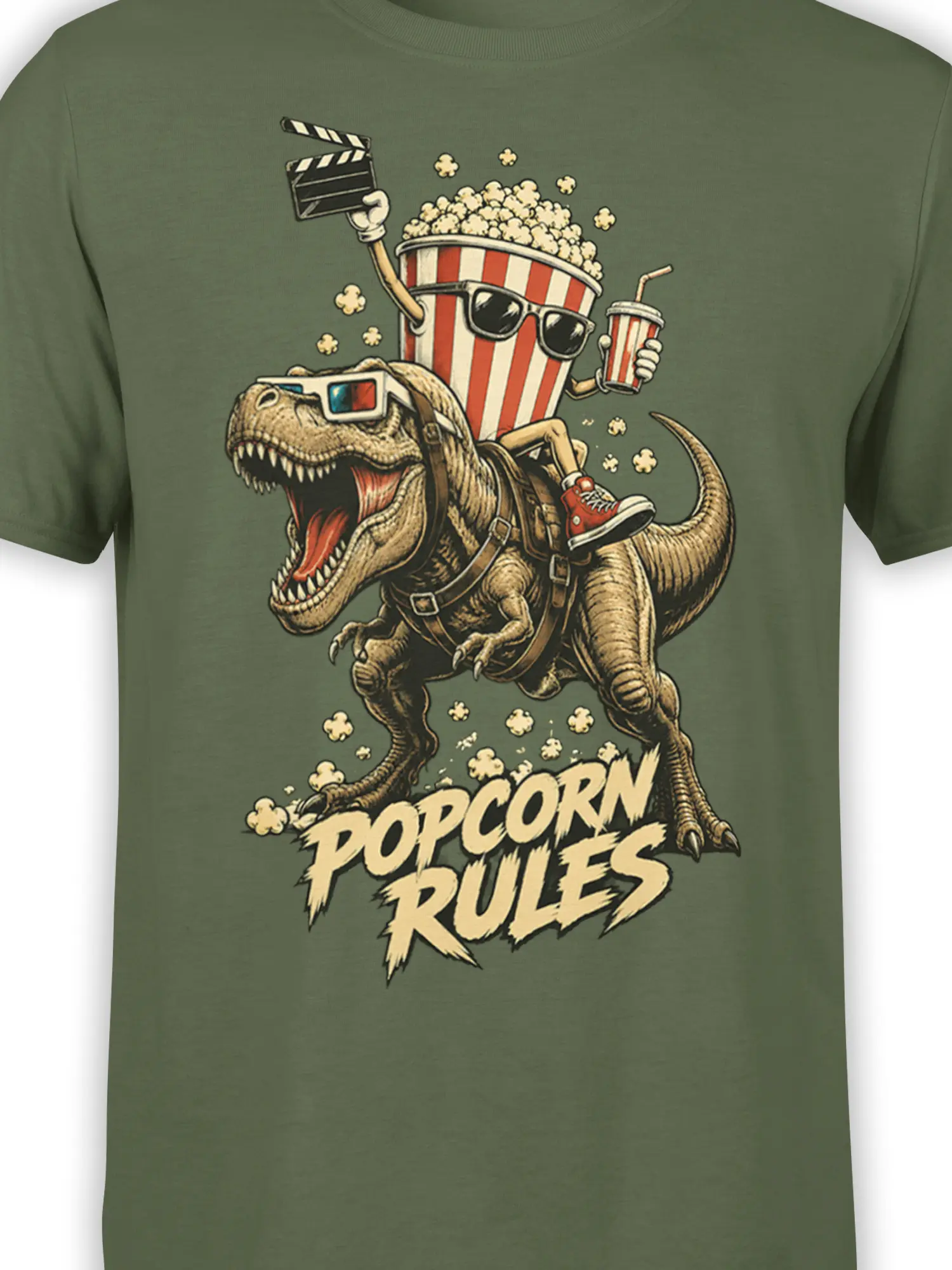 Close-up of dinosaur popcorn movie graphic with sunglasses, clapperboard, drink, and cream POPCORN RULES text