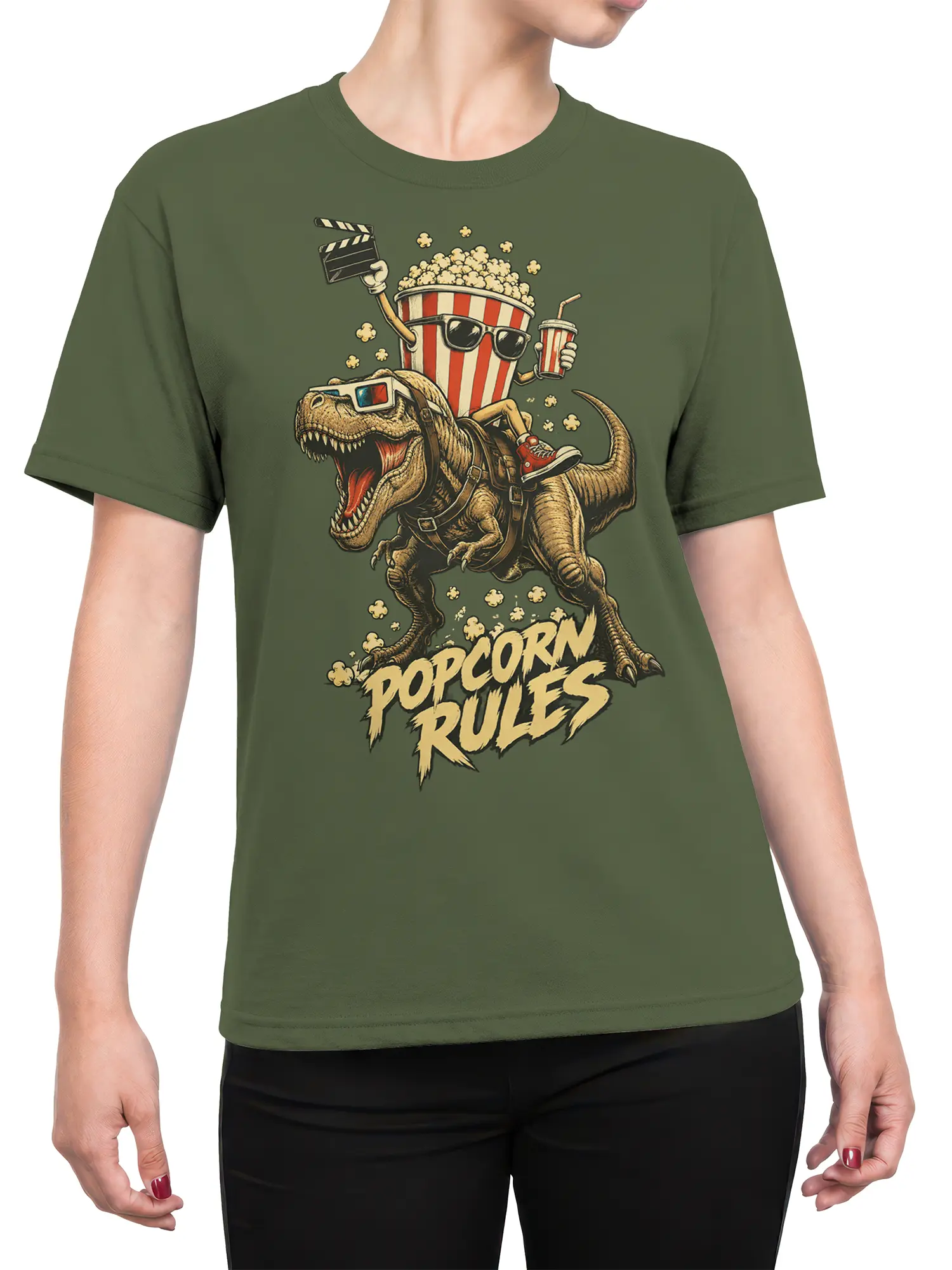Female torso wearing a green dinosaur popcorn T-shirt with sunglasses, movie props, and POPCORN RULES lettering