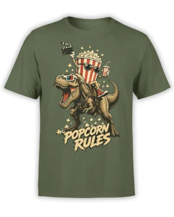 Green dinosaur movie night T-shirt with sunglasses, popcorn bucket, clapperboard, and POPCORN RULES lettering