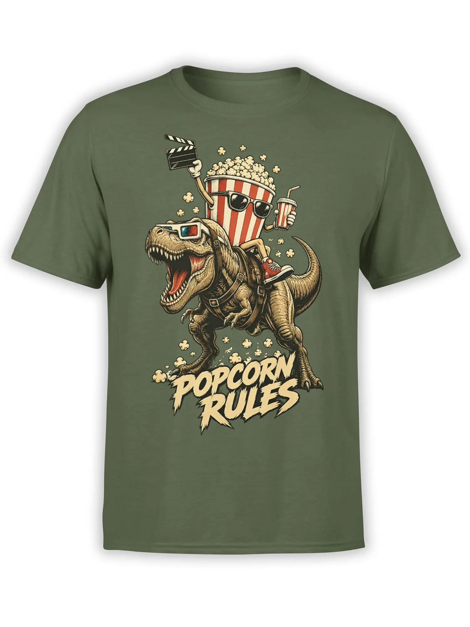 Green dinosaur movie night T-shirt with sunglasses, popcorn bucket, clapperboard, and POPCORN RULES lettering
