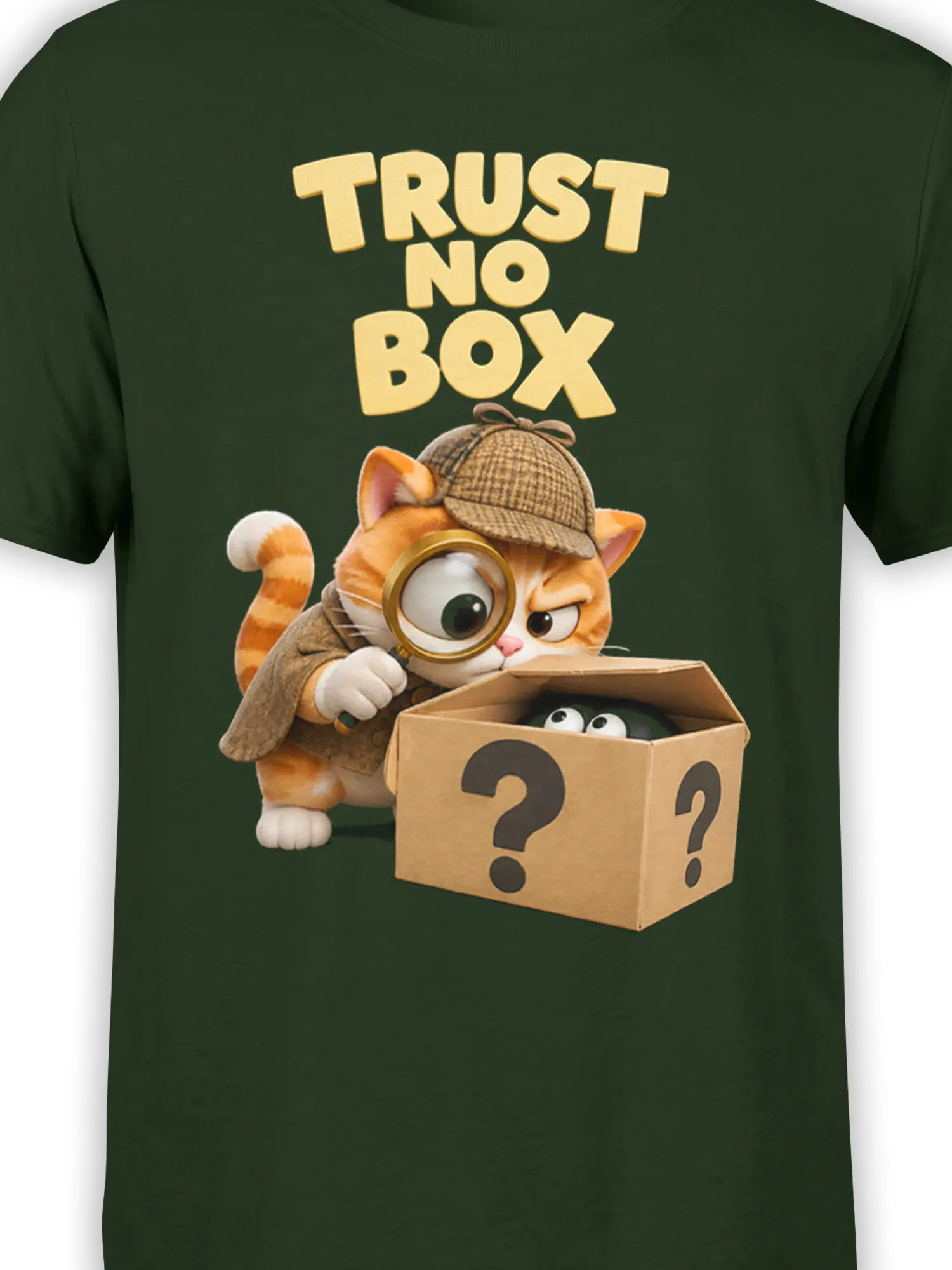 Close-up of orange cat detective and mystery box design on a dark green graphic T-shirt
