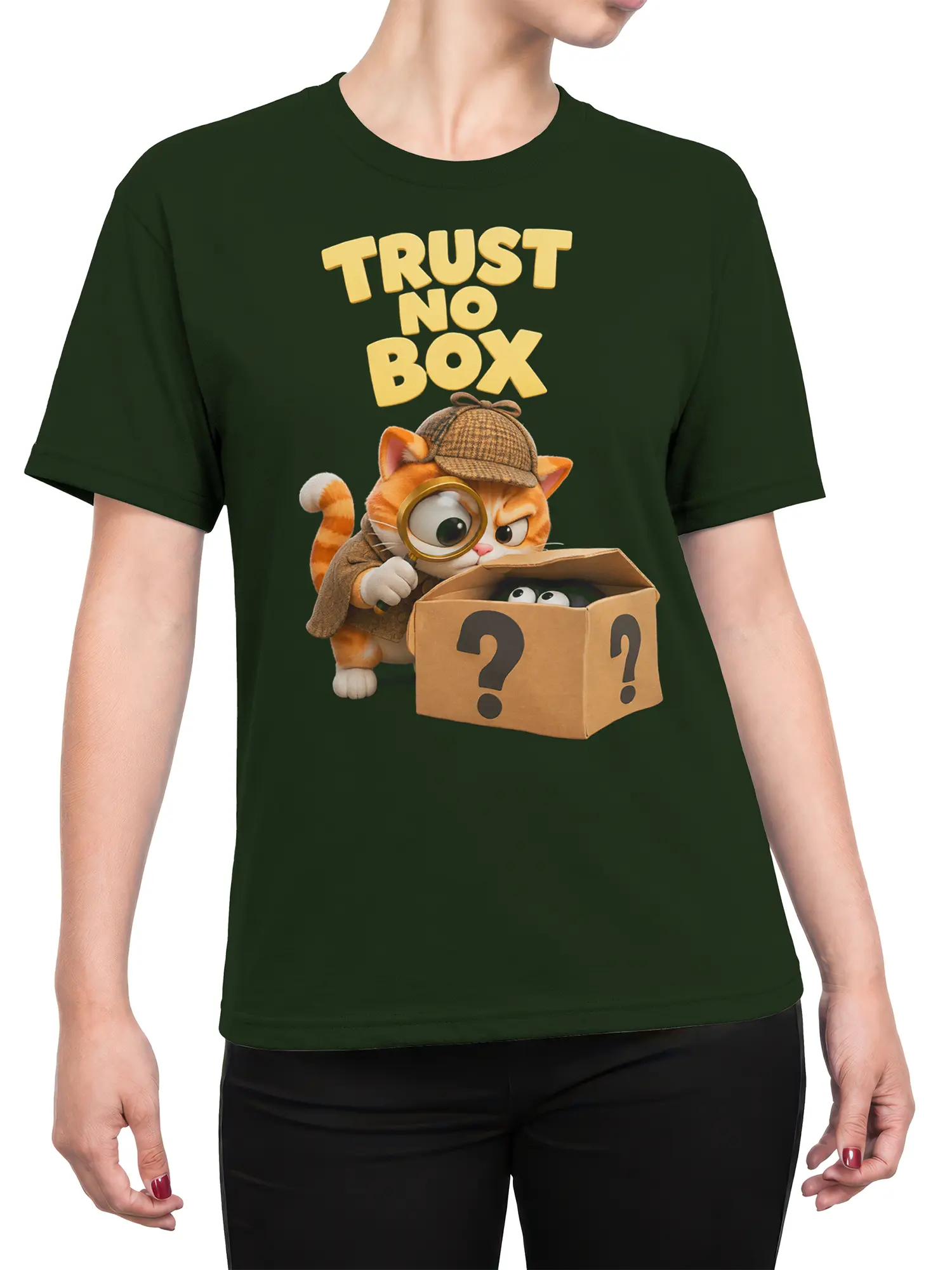 Female torso wearing a dark green T-shirt with an orange detective cat and mystery box graphic