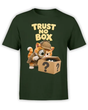 Orange detective cat examining a mystery box on a dark green cat graphic T-shirt