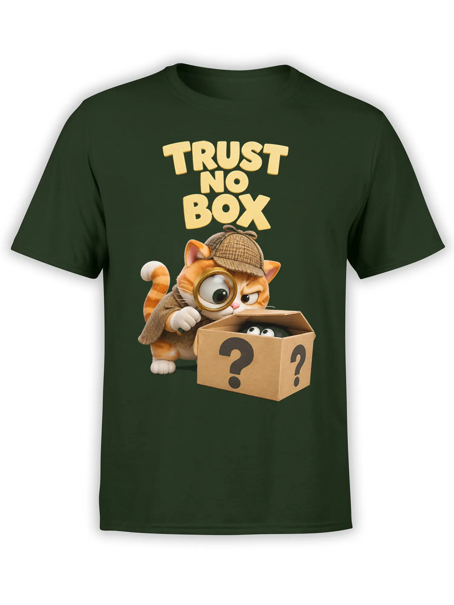 Orange detective cat examining a mystery box on a dark green cat graphic T-shirt