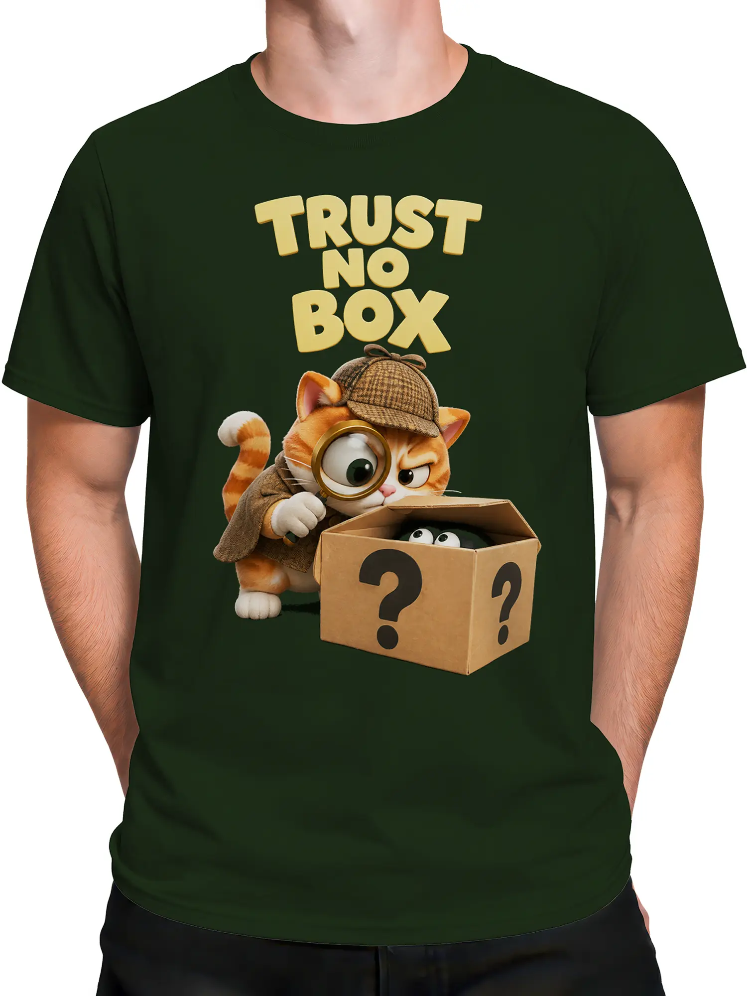Male torso wearing a dark green T-shirt with a funny orange detective cat graphic