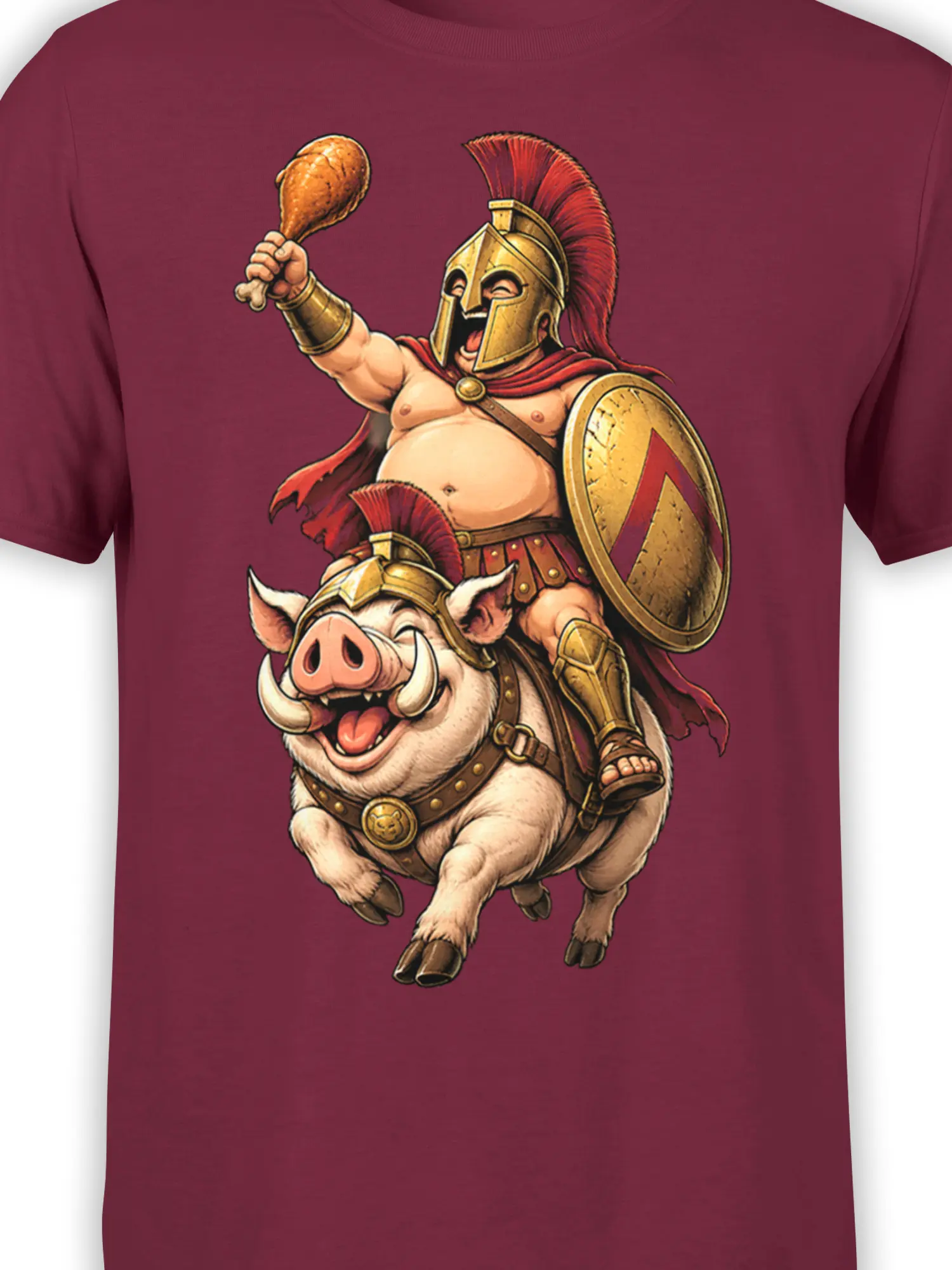 Close-up of armored pig warrior artwork with tusks, shield, helmet, and red details on burgundy fabric
