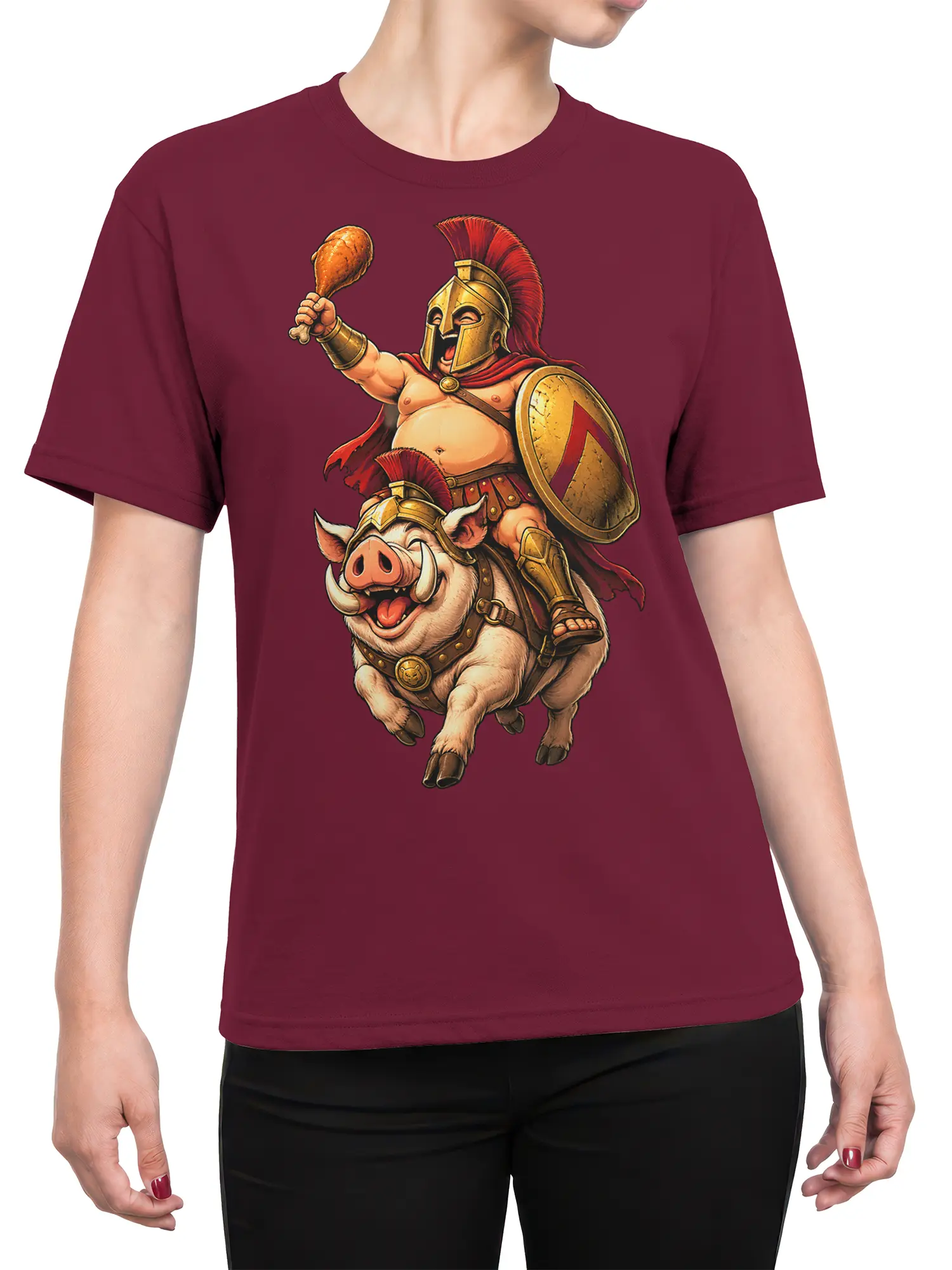 Female torso wearing a burgundy T-shirt with an armored pig warrior and shield graphic