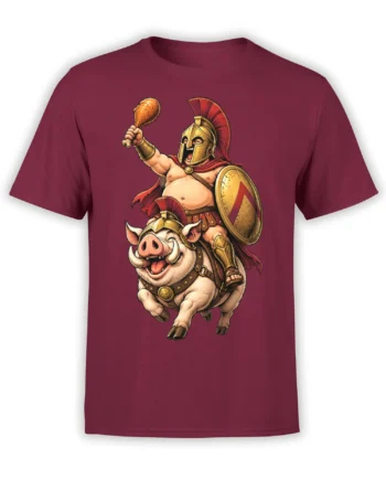Armored pig warrior graphic with shield, red crest, and drumstick on a burgundy T-shirt