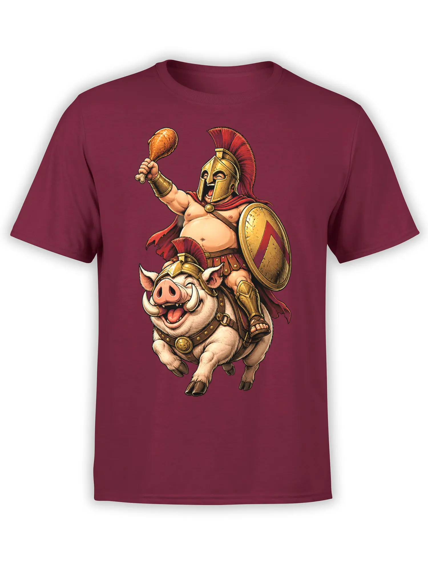 Armored pig warrior graphic with shield, red crest, and drumstick on a burgundy T-shirt