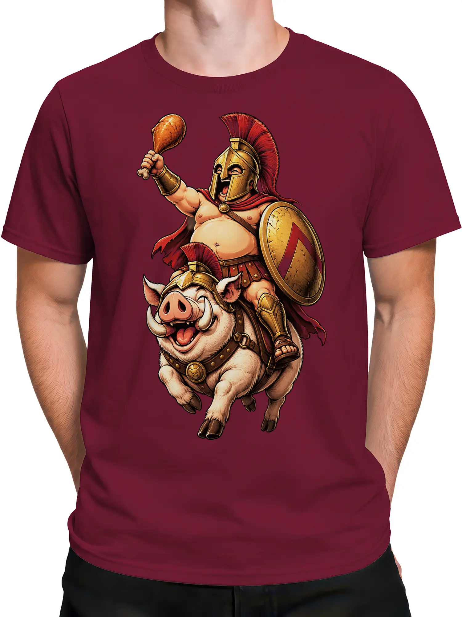 Male torso wearing a burgundy T-shirt with a tusked pig warrior and helmeted hero design
