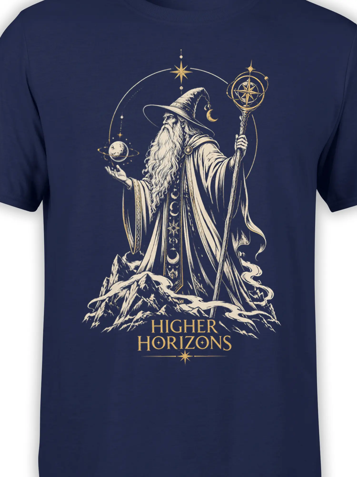 Close-up of navy wizard T-shirt artwork with robed spellcaster, compass staff, stars, moon, and mountain details