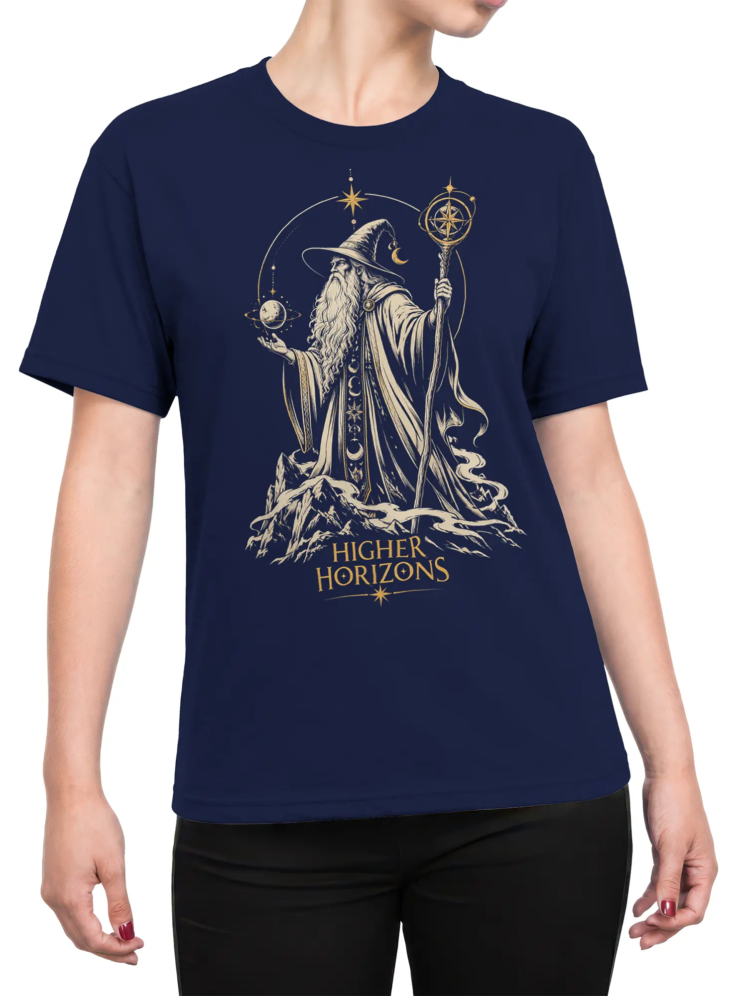 Female torso wearing a navy wizard graphic tee with mountains, celestial symbols, and Higher Horizons lettering
