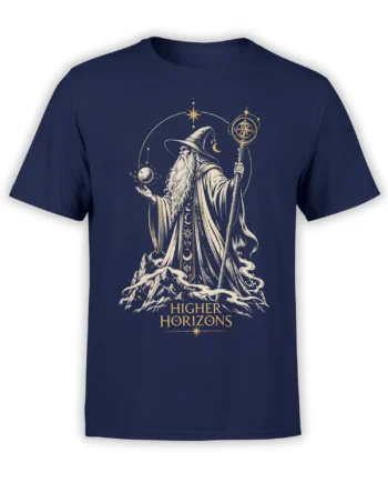 Nav y wizard graphic tee with celestial symbols, mountains, stars, moon, planet, and Higher Horizons text