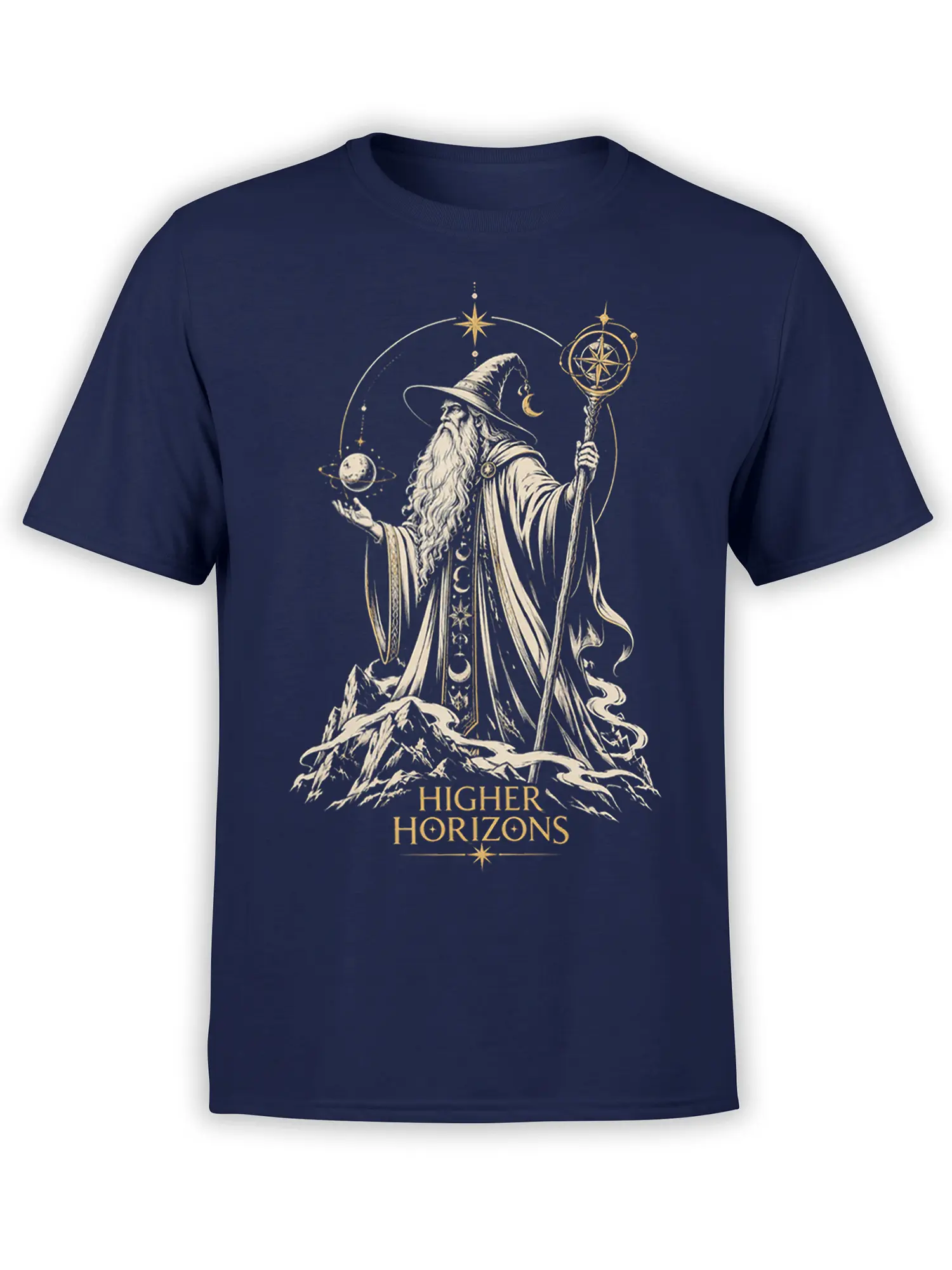 Nav y wizard graphic tee with celestial symbols, mountains, stars, moon, planet, and Higher Horizons text