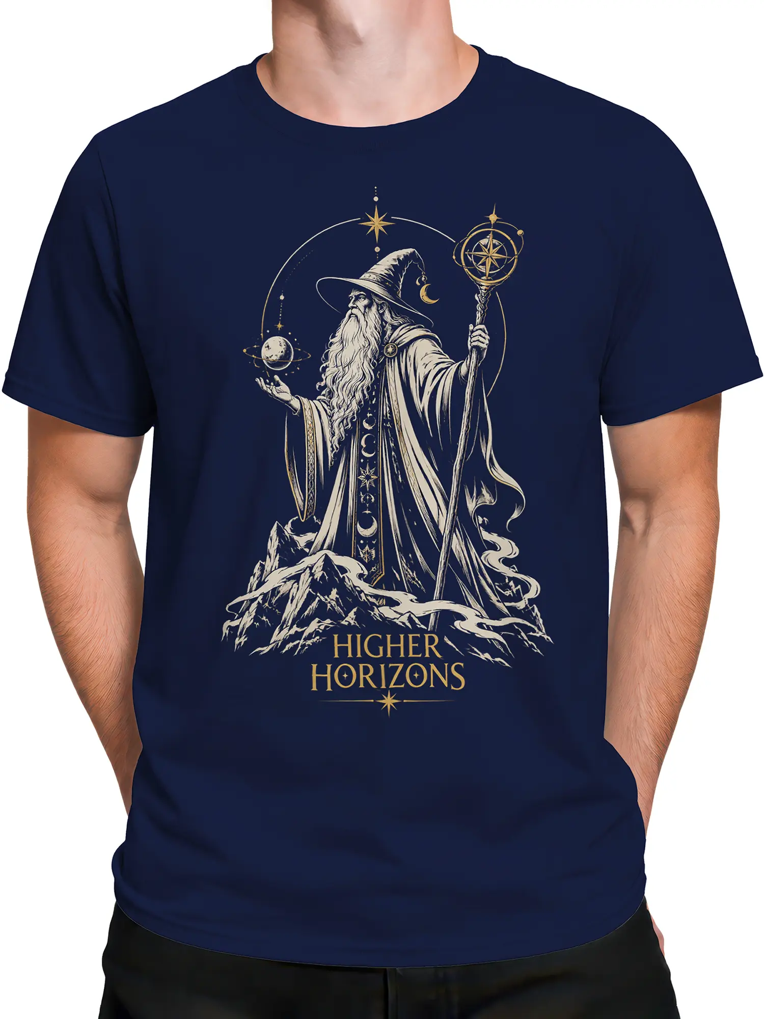 Male torso wearing a navy wizard graphic tee with stars, mountains, moon, planet, and gold lettering