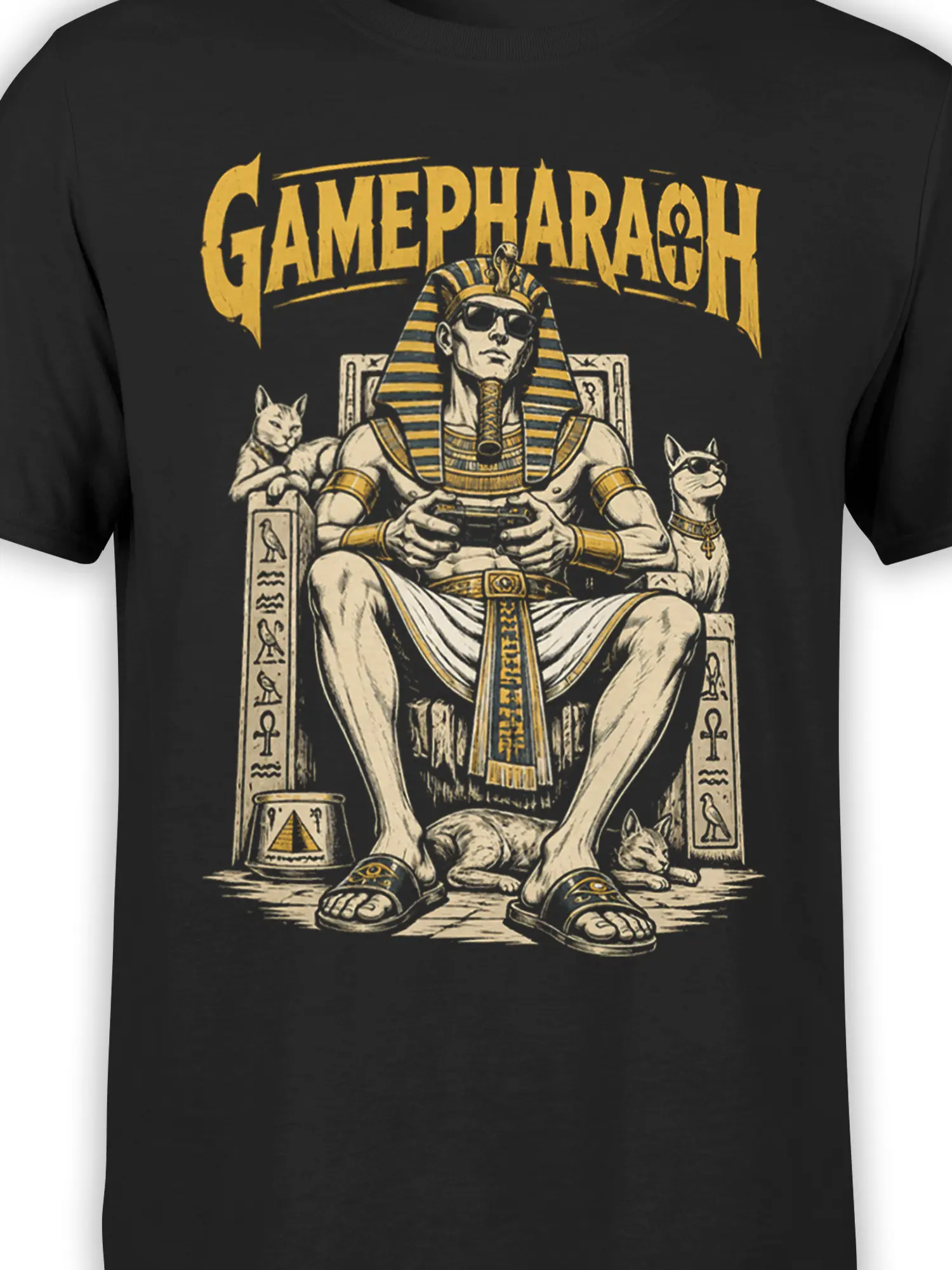 Close-up of the Egyptian pharaoh gaming design with GAMEPHARAOH text, cats, controller, and symbols on a black shirt