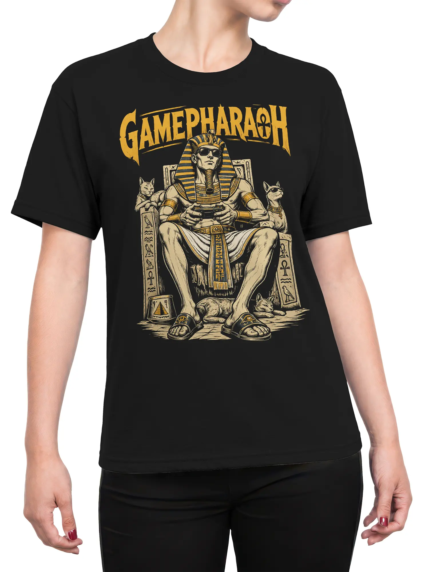 Female torso wearing a black pharaoh gaming T-shirt with cats, Egyptian-style symbols, and a detailed vintage graphic