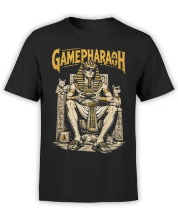 Black gaming T-shirt with a sunglasses-wearing pharaoh holding a controller and cats beside an Egyptian-style throne