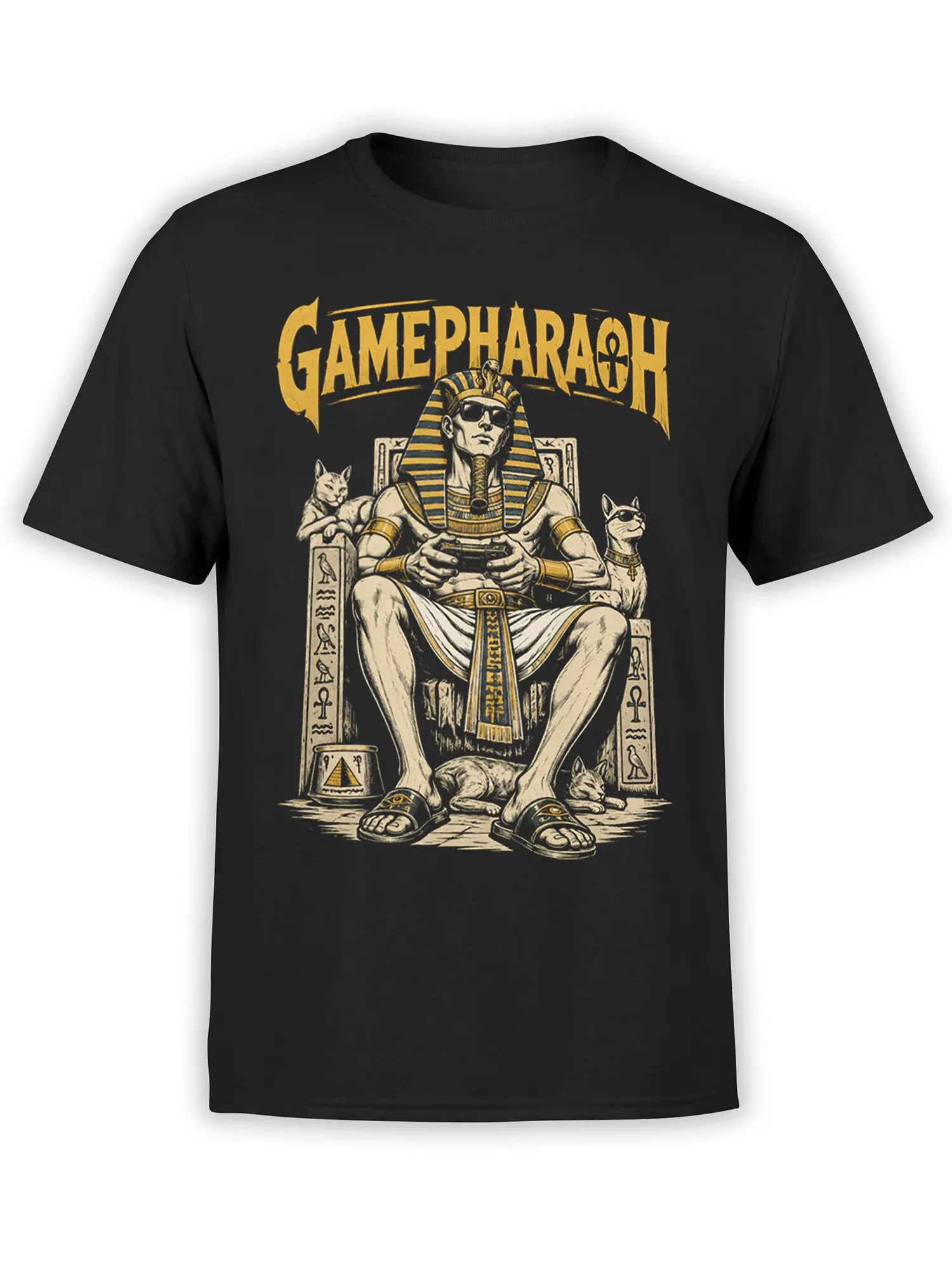 Black gaming T-shirt with a sunglasses-wearing pharaoh holding a controller and cats beside an Egyptian-style throne