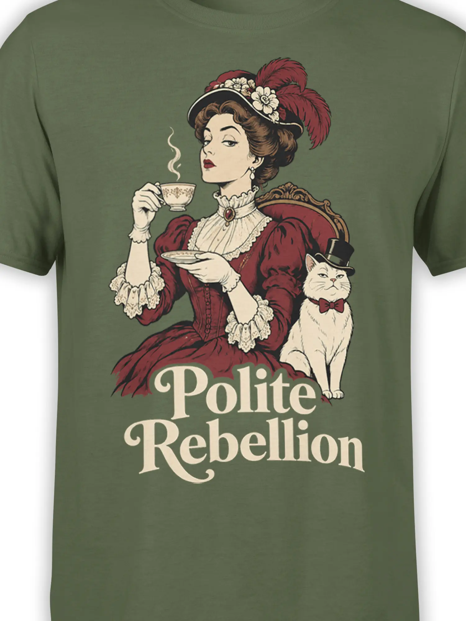 Close-up of the Victorian woman, teacup, top-hatted white cat, and Polite Rebellion artwork on olive green