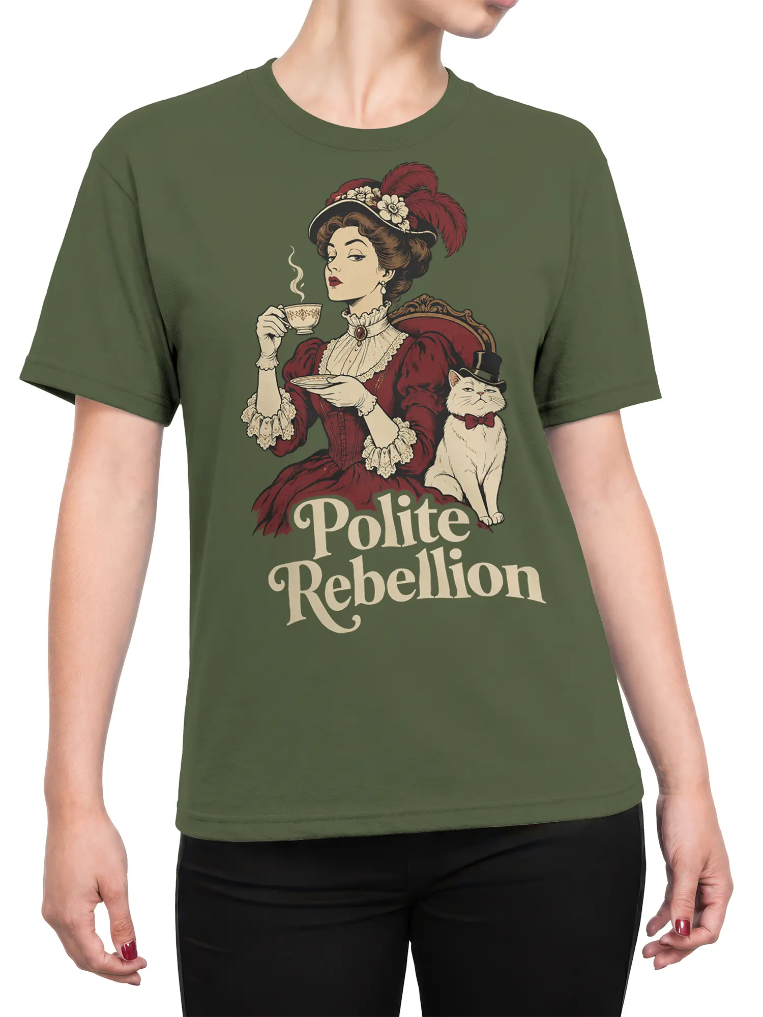 Female torso wearing an olive green shirt with a Victorian tea scene and top-hatted cat graphic