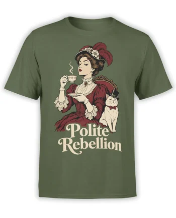 Olive green T-shirt with a Victorian woman, top-hatted cat, and “Polite Rebellion” graphic
