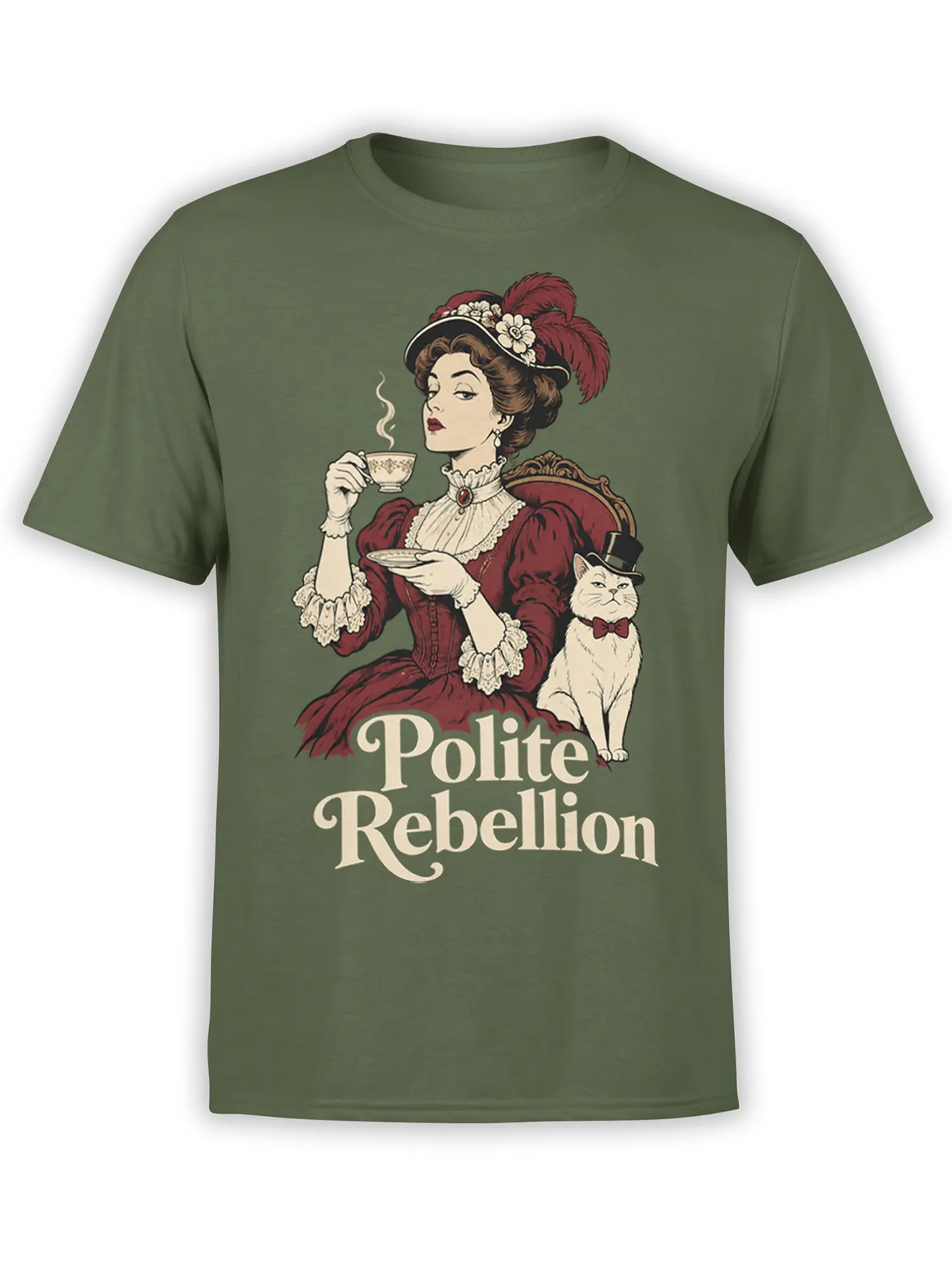 Olive green T-shirt with a Victorian woman, top-hatted cat, and “Polite Rebellion” graphic