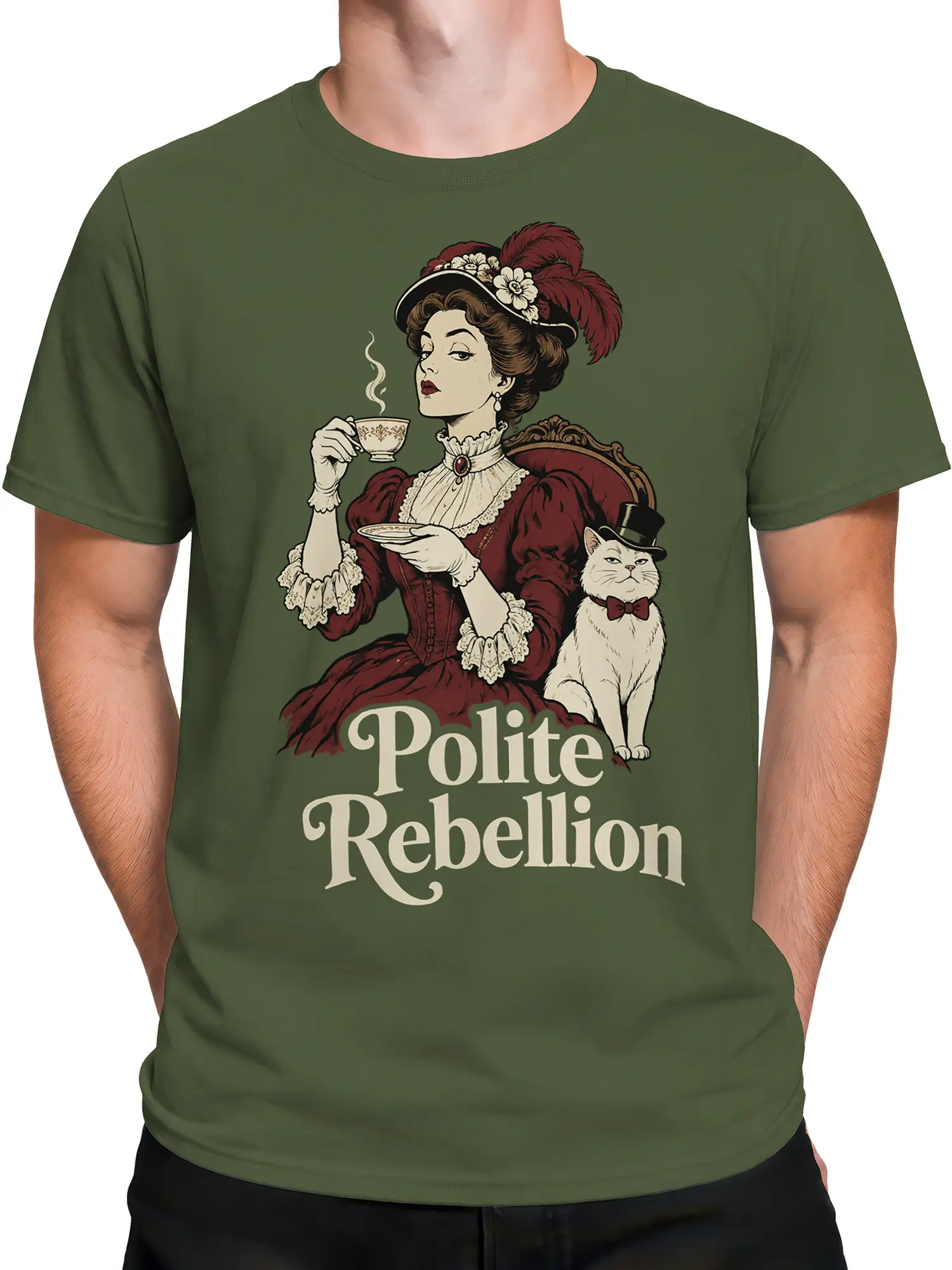 Male torso wearing an olive green shirt with a Victorian woman and top-hatted cat design