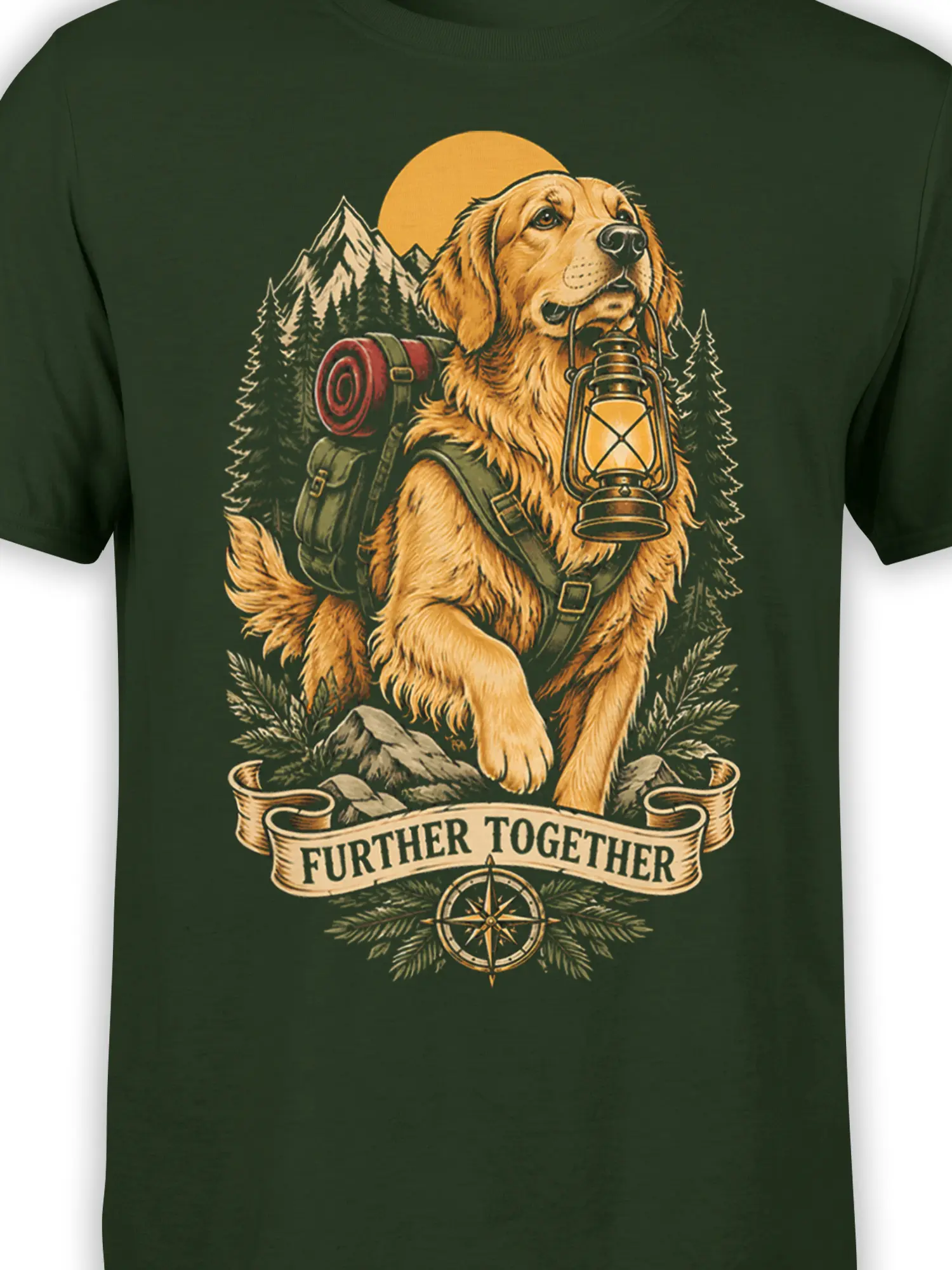 Close-up of golden retriever hiking artwork with lantern and mountain details on green fabric