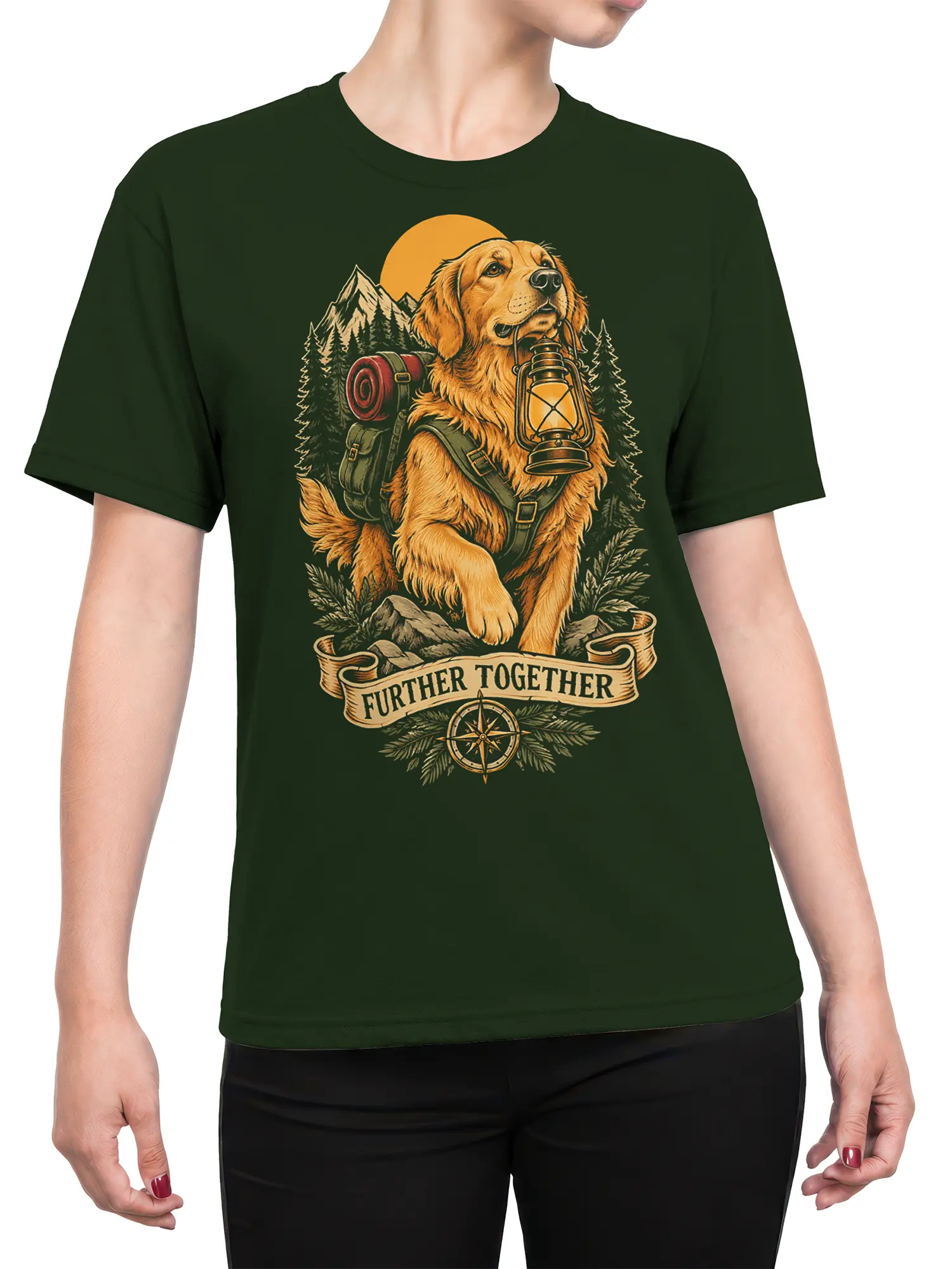 Female torso wearing a green T-shirt with a golden retriever hiking and mountain graphic