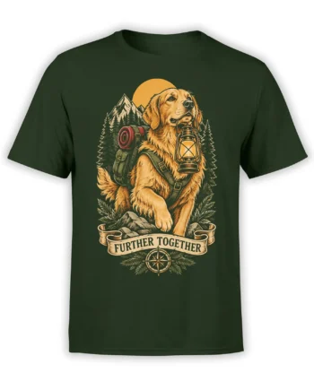Golden retriever adventure graphic with lantern, compass, and mountains on a green T-shirt