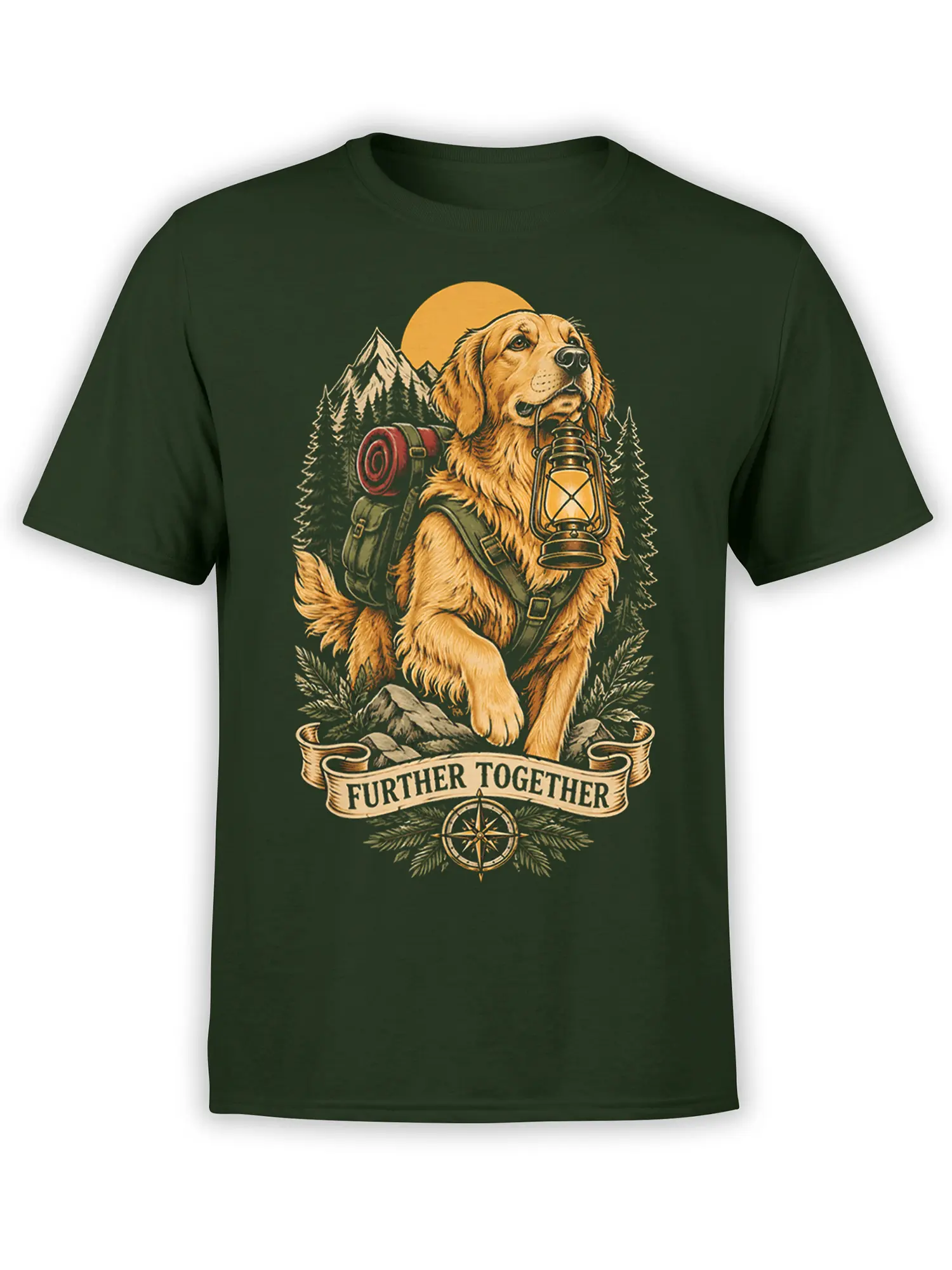 Golden retriever adventure graphic with lantern, compass, and mountains on a green T-shirt