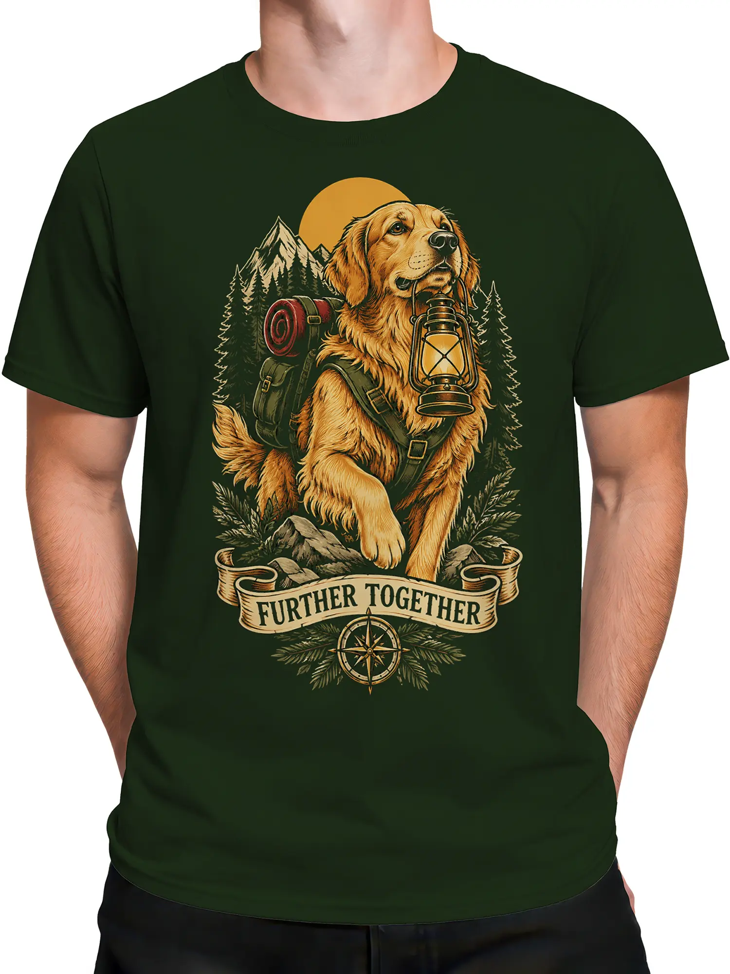 Male torso wearing a green T-shirt with golden retriever, lantern, and mountain artwork