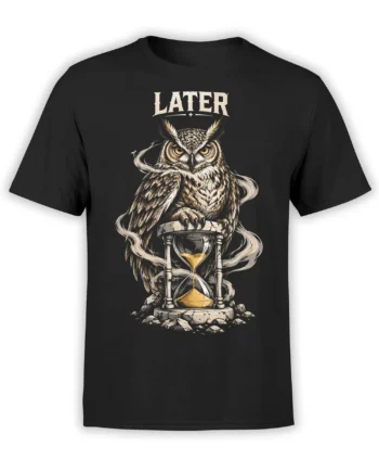 Black owl t-shirt with a vintage owl, golden hourglass, wispy lines, and LATER text