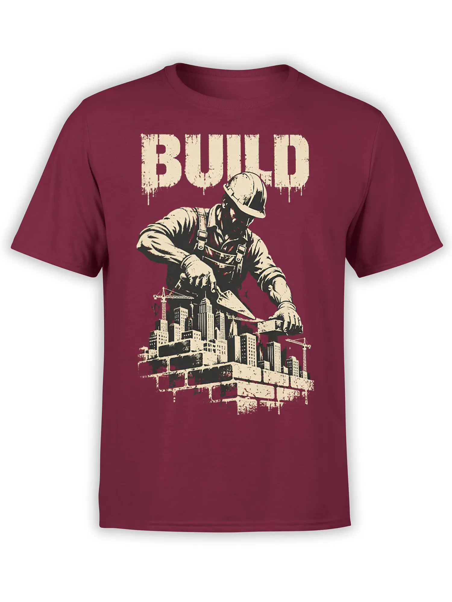 Burgundy construction t-shirt with hard-hat worker, cranes, skyline buildings, and distressed BUILD lettering