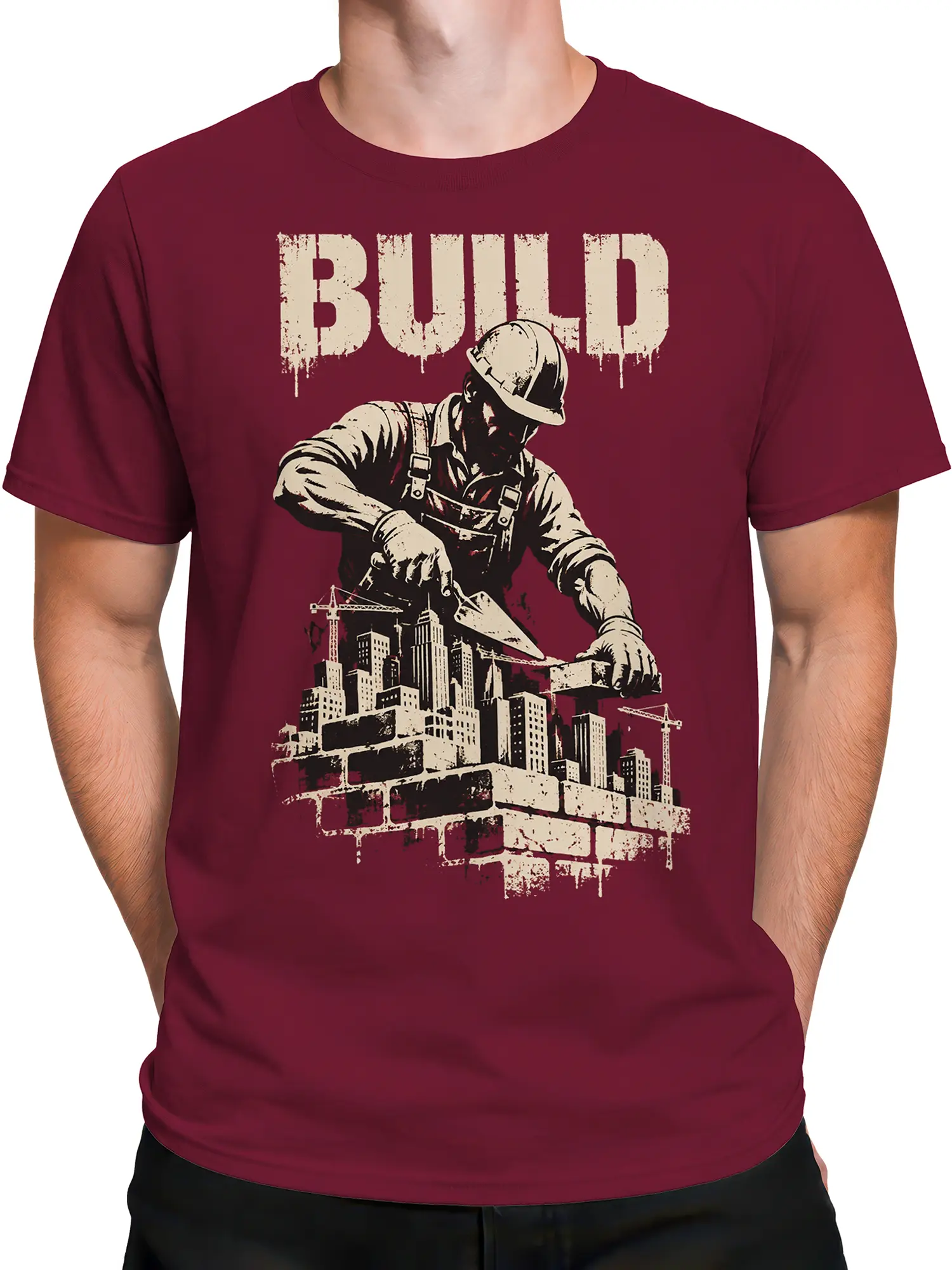 Male torso wearing a burgundy construction t-shirt with city skyline and hard-hat worker graphic