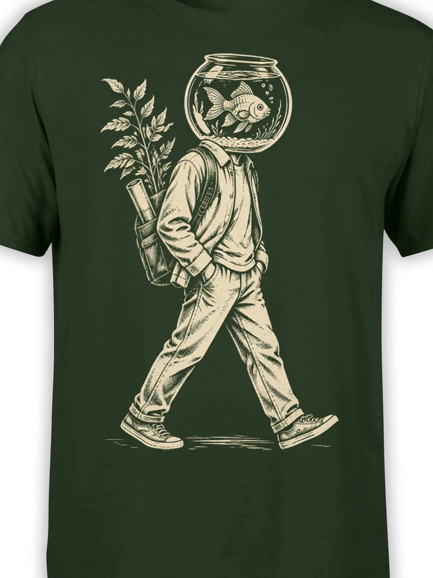 Close-up of the fishbowl character, swimming fish, bubbles, and plants on a green T-shirt