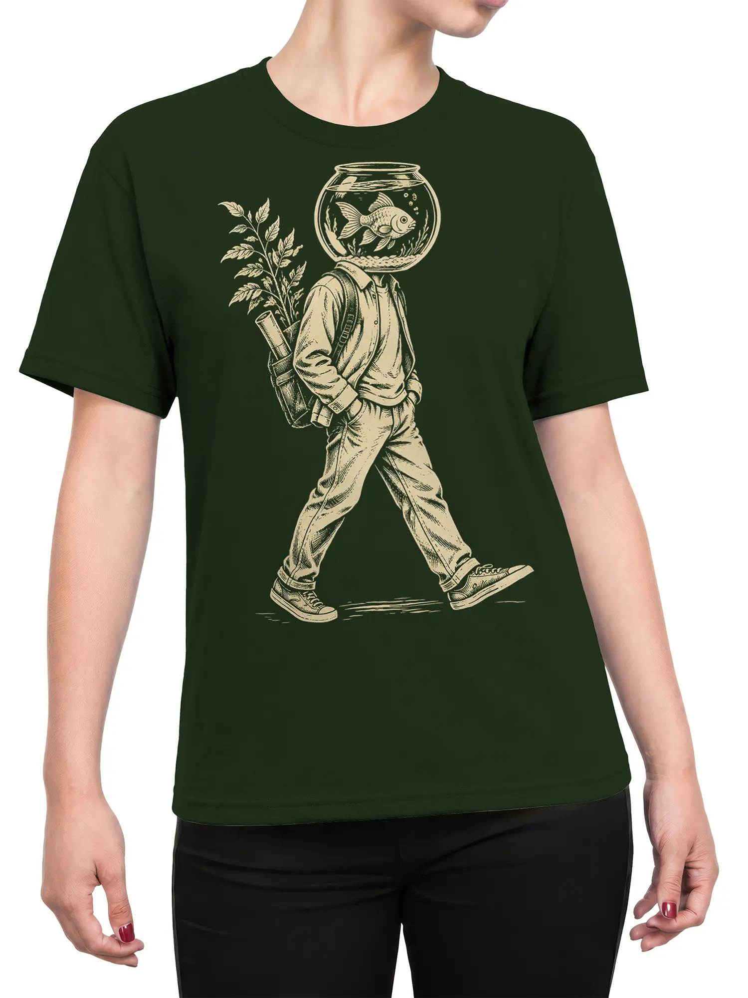 Female torso wearing a green T-shirt with a vintage fishbowl wanderer graphic